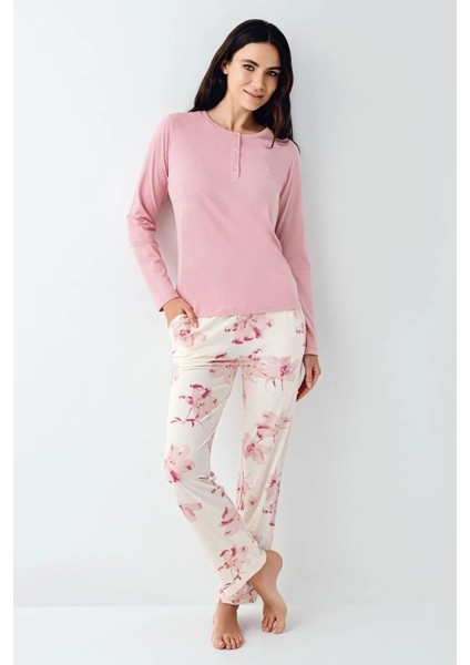 9055B Kadın Gül Kurusu Uzun Kollu Yarım Pat Pijama Takımı