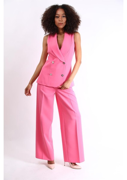 Abiye Yelek & Yüksek Bel Bol Paça Pantolon Takım-Pembe