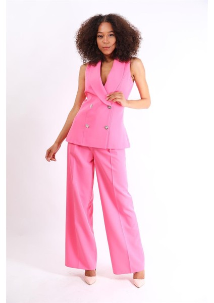 Abiye Yelek & Yüksek Bel Bol Paça Pantolon Takım-Pembe fiyatları