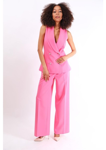Abiye Yelek & Yüksek Bel Bol Paça Pantolon Takım-Pembe modelleri