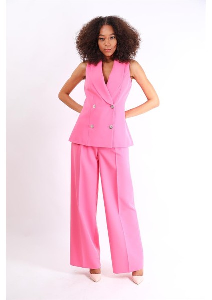 Abiye Yelek & Yüksek Bel Bol Paça Pantolon Takım-Pembe fırsatları