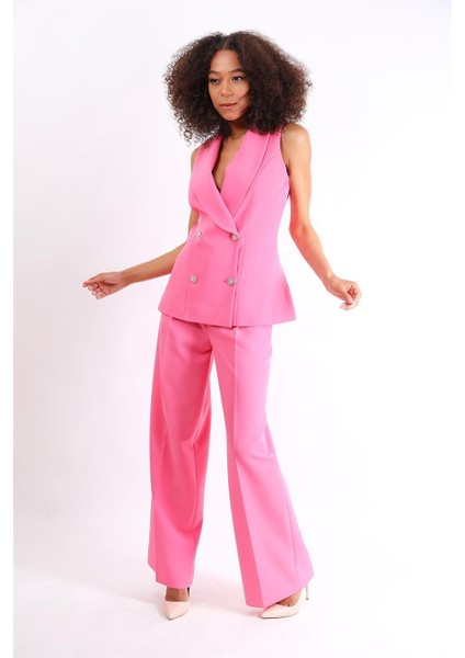 Abiye Yelek & Yüksek Bel Bol Paça Pantolon Takım-Pembe indirimleri