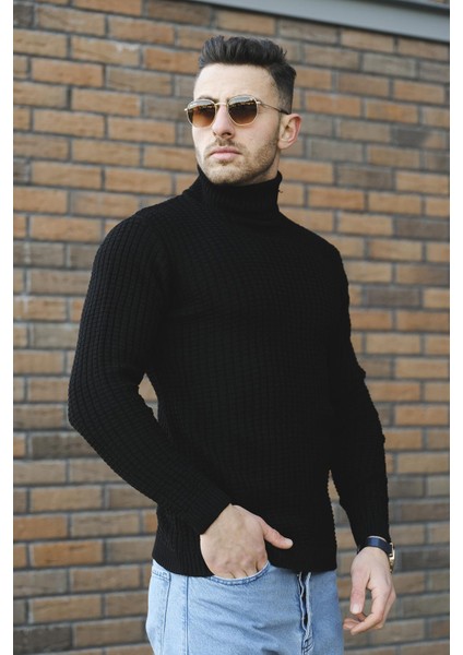 Axton Slim Fit Kare Desen Boğazlı Kazak