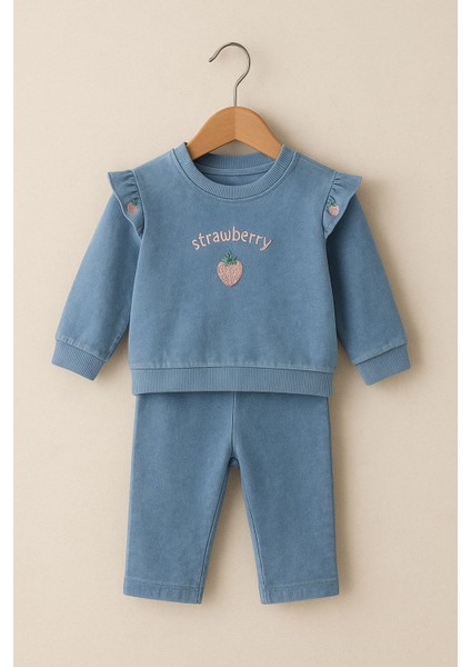 Tuembaby %100 Pamuk Küçük Çilek Baskılı Fırfırlı Uzun Kollu Alt Beli Lastikli Kız Bebek Alt Üst Takım fiyatları