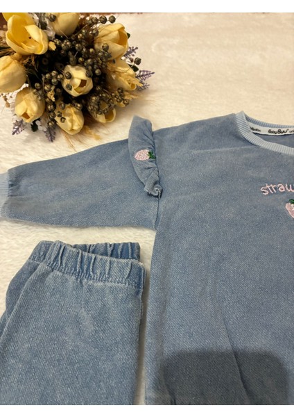 Tuembaby %100 Pamuk Küçük Çilek Baskılı Fırfırlı Uzun Kollu Alt Beli Lastikli Kız Bebek Alt Üst Takım indirimleri