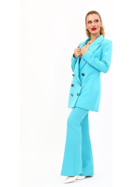 Erkek Yaka Kuruvaze Uzun Ceket & Ispanyol Paça Pantolon-Turkuaz