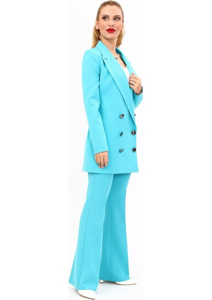 Erkek Yaka Kuruvaze Uzun Ceket & Ispanyol Paça Pantolon-Turkuaz modelleri