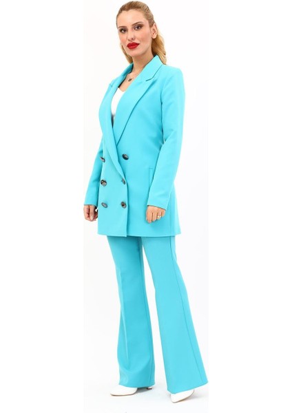 Erkek Yaka Kuruvaze Uzun Ceket & Ispanyol Paça Pantolon-Turkuaz indirimleri