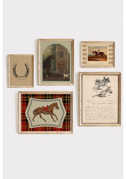 Vintage At Figürlü 5’li Tablo Seti – Salon & Ofis Dekoru