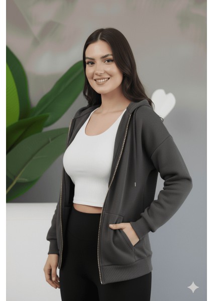 Kadın Genç Unisex Cepli Kapüşonlu Fermuarlı Sweatshirt Hırka fiyatları