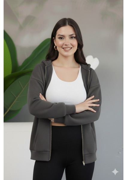 Kadın Genç Unisex Cepli Kapüşonlu Fermuarlı Sweatshirt Hırka