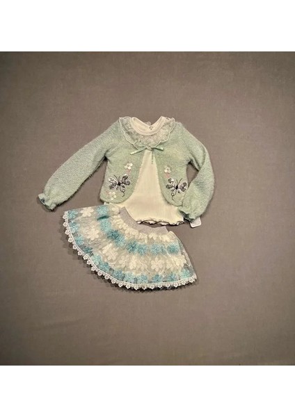 1-2-3 Yaş Brode Etekli Örme Hırkalı Uzun Kollu Sweat 3lü Kız Çocuk Takımı Su Yeşili