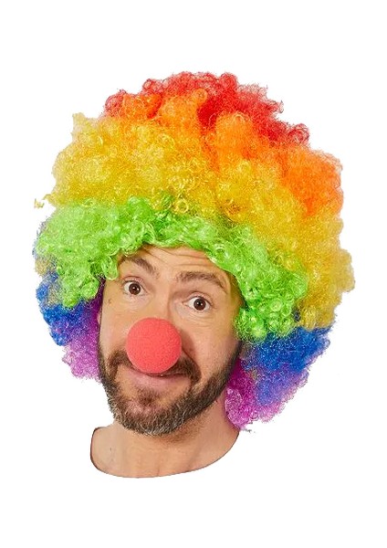 Rengarenk Gökkuşağı Afro Bonus Peruk ve Kırmızı Renk Sünger B 120 gr