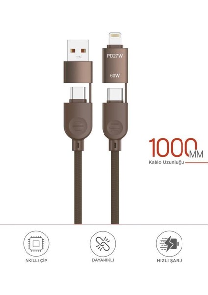 U17 4 In 1 Type-C To Type-C -Ligthning -Usb Örgü 87W Şarj Kablosu