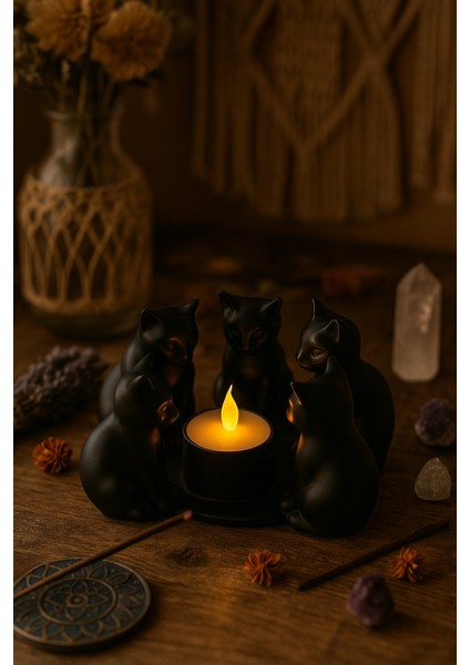 Dekoratif Kediler Ritüel Dinginlik Yoga Mumluk Biblo 10 x 15 cm