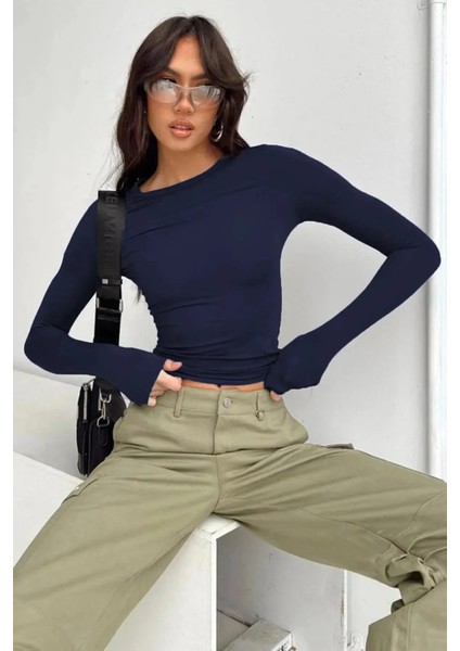 Bisiklet Yaka Basic Uzun Kollu Crop Büstiyer Likralı