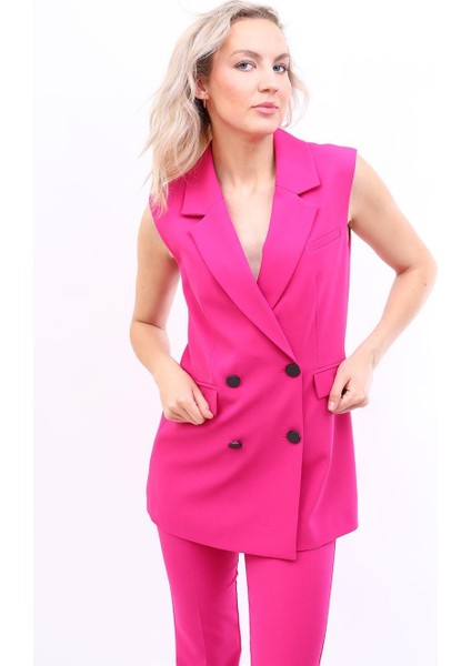 Erkek Yaka Blazer Yelek-Fuşya