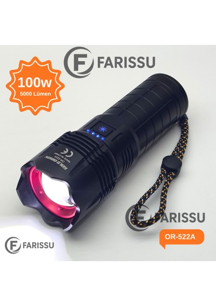 OR-522A Şarj Edilebilir Çok Fonksiyonlu LED El Feneri - 100W, 5000 Lümen, 9000 Mah