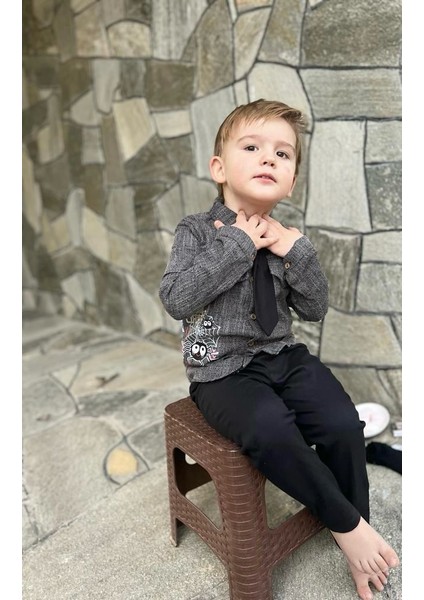 3-4-5 Yaş Kravatlı Keten Gömlek Gabardin Pantolon Uzun Kollu 3lü Erkek Çocuk Takımı fiyatları