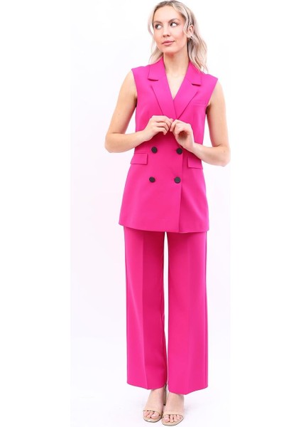Blazer Yelek & Bol Paça Pantolon-Fuşya fırsatları