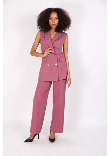 Blazer Yelek & Bol Paça Pantolon-Rose