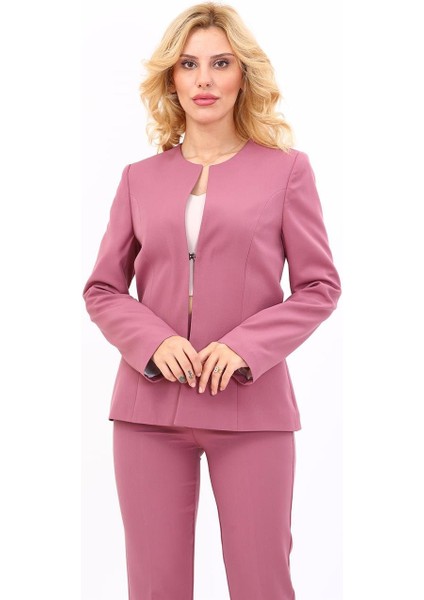 Oval Yaka Yandan Kuplu Klasik Ceket-Rose