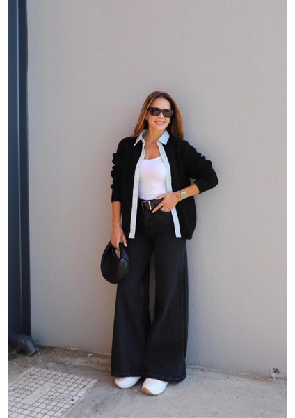 Antrasit Geniş Paça Jean Pantolon modelleri