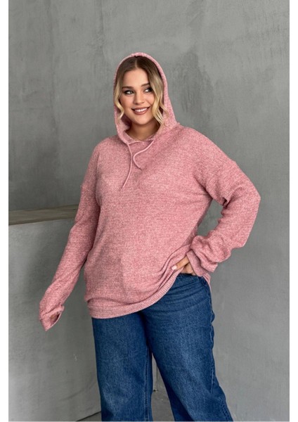 Büyük Beden Uzun Kollu Kapüşonlu Yanları Cepli Ince Örme Sweatshirt 300373