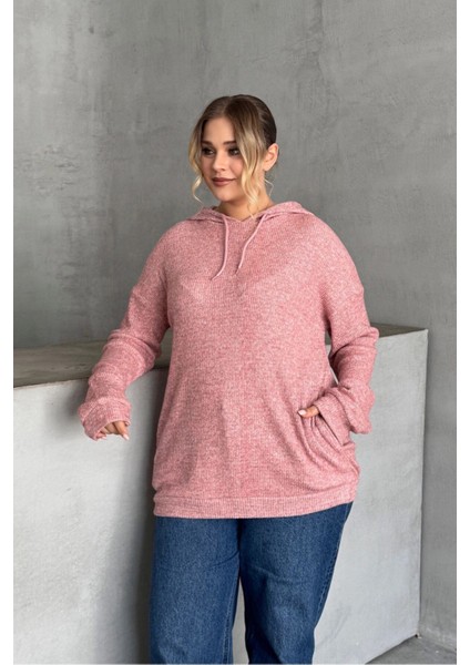 Büyük Beden Uzun Kollu Kapüşonlu Yanları Cepli Ince Örme Sweatshirt 300373 fiyatları