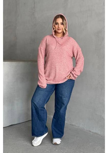 Büyük Beden Uzun Kollu Kapüşonlu Yanları Cepli Ince Örme Sweatshirt 300373 fırsatları