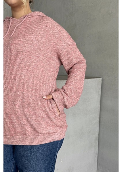 Büyük Beden Uzun Kollu Kapüşonlu Yanları Cepli Ince Örme Sweatshirt 300373