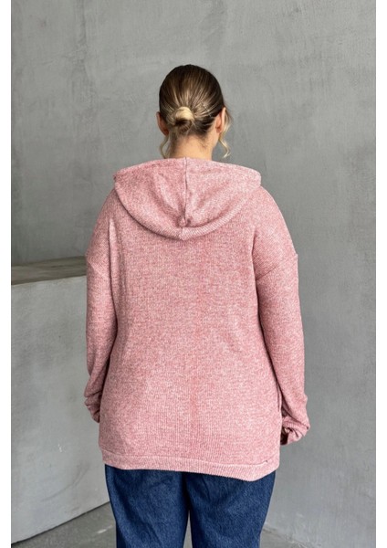Büyük Beden Uzun Kollu Kapüşonlu Yanları Cepli Ince Örme Sweatshirt 300373