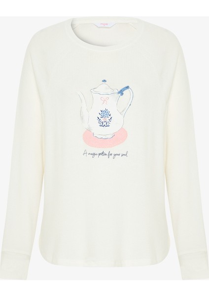 Kırık Beyaz Tea Time Bisiklet Yaka Termal Etkili Sweatshirt Pijama Üstü