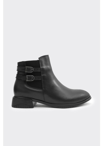 Hakiki Deri Çift Tokalı Fermuarlı Kadın Bot