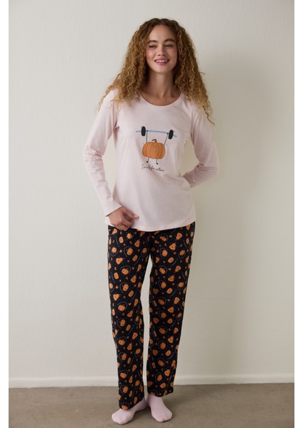 Balkabağı Desenli Bisiklet Yaka Uzun Kollu Pijama Takımı