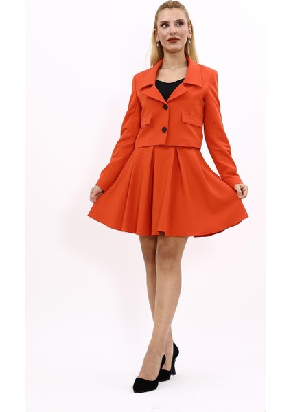 Gömlek Yaka Kısa Ceket & Kısa Kloş Etek-Turuncu