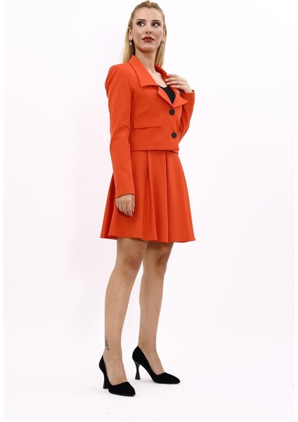 Gömlek Yaka Kısa Ceket & Kısa Kloş Etek-Turuncu modelleri