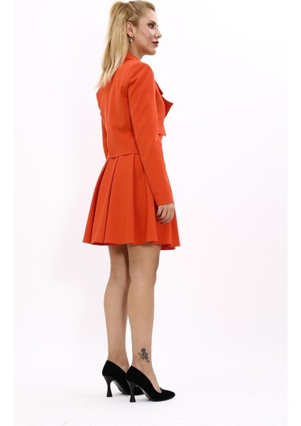 Gömlek Yaka Kısa Ceket & Kısa Kloş Etek-Turuncu fırsatları