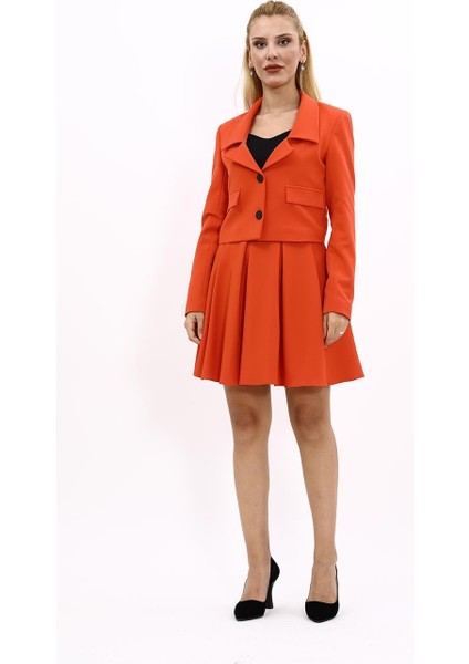 Gömlek Yaka Kısa Ceket & Kısa Kloş Etek-Turuncu indirimleri
