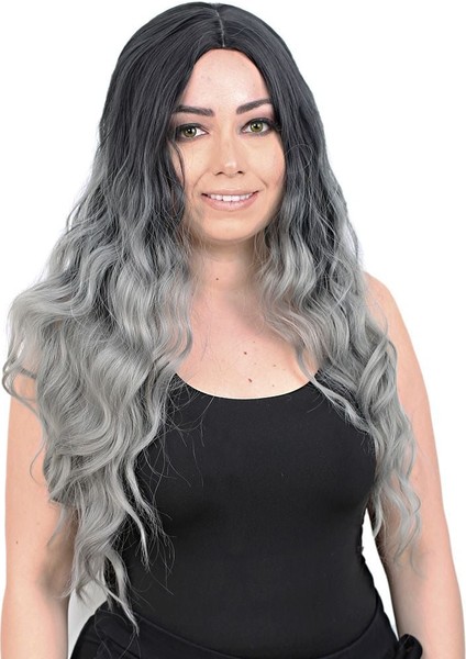 Su Dalgası Uzun Perçemsiz Fiber Sentetik Peruk / Siyah / Gri Ombreli