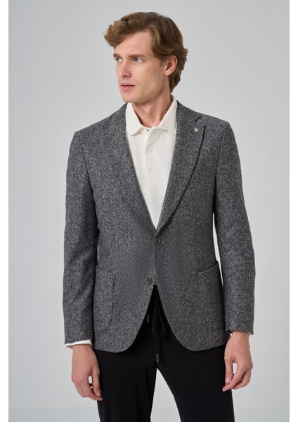 Erkek Gri Örme Slim Fit Mono Yaka Ceket