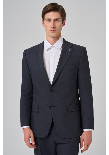 Erkek Lacivert Yünlü Trend Desenli Dynamic Fit Mono Yaka Takım Elbise modelleri