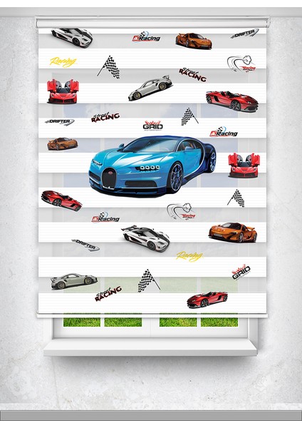 Mavi Bugatti ve Spor Araba Baskılı Çocuk Odası Perdesi - Dijital Baskılı Zebra Stor Perde