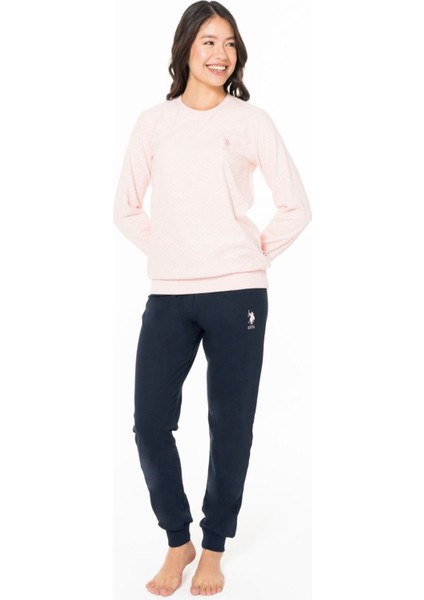 20125 Kadın Pembe Yuvarlak Yaka Uzun Kollu Pijama Takımı