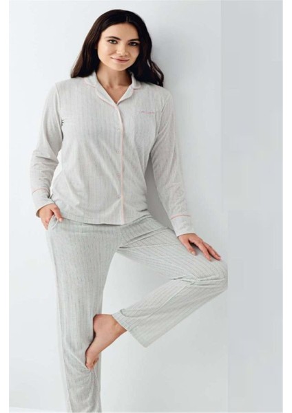 9051 Kadın Nil Uzun Kollu Önden Düğmeli Gömlek Pijama Takımı