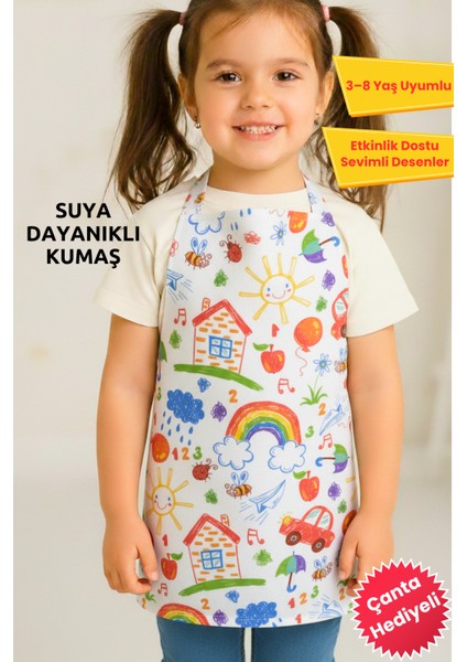 Çocuk Etkinlik Önlüğü ve Mutfak Önlüğü + Su Geçirmez Kumaş + Renkli Hayvan Desenleri (3-8 Yaş)