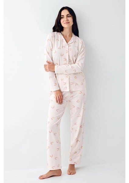 9064 Kadın Toz Pembe Uzun Kollu Önden Düğmeli Gömlek Pijama Takımı fiyatları