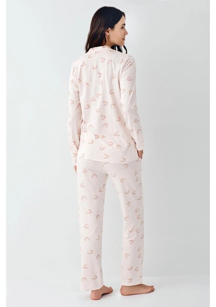 9064 Kadın Toz Pembe Uzun Kollu Önden Düğmeli Gömlek Pijama Takımı fırsatları