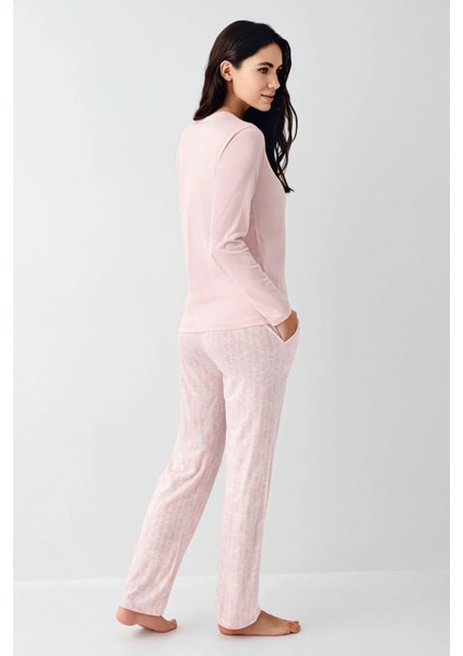 9086B Kadın Pembe Uzun Kollu Yarım Pat Battal Pijama Takımı fırsatları