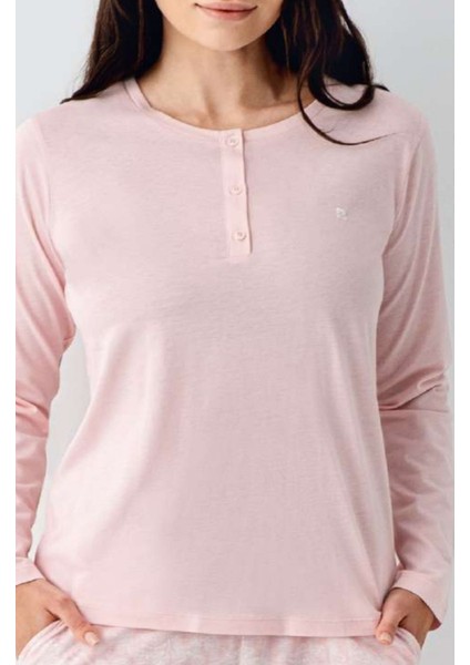 9086B Kadın Pembe Uzun Kollu Yarım Pat Battal Pijama Takımı indirimleri
